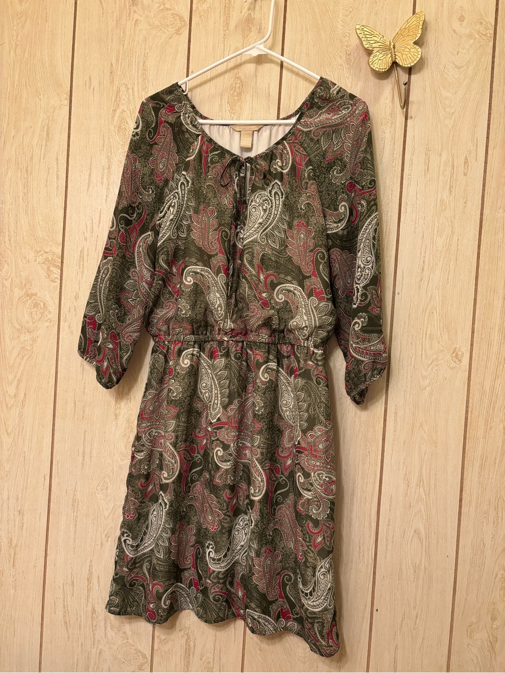 Banana Republic Olive Paisley Tie-Neck Midi Dress with Pink Accents